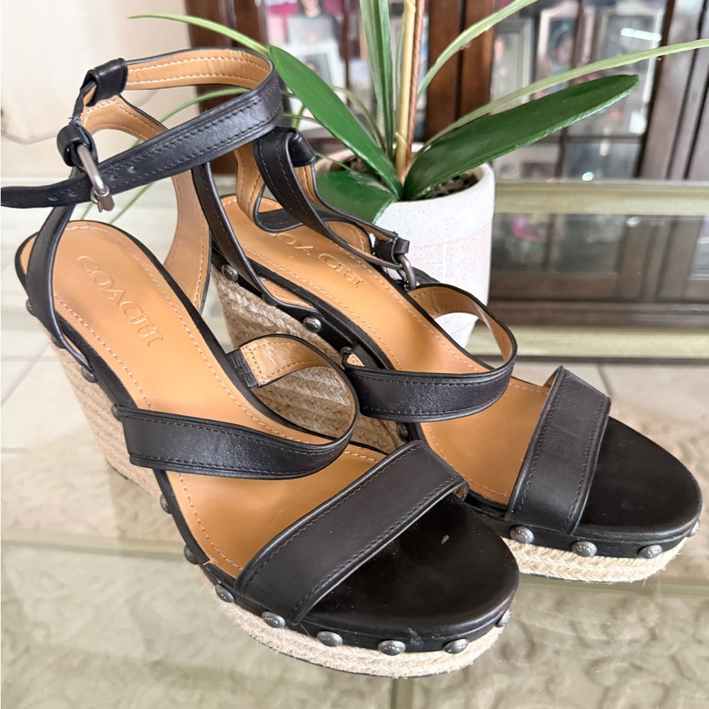 Coach Black Leather Espadrille Wedge Sandals with Studded Jute Platform